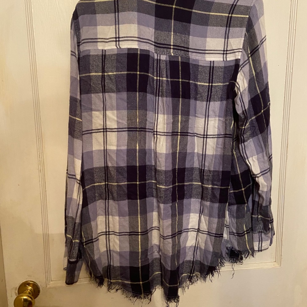 Blue plaid fringed button down